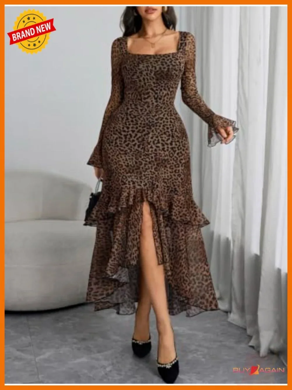 Women's Floral Mesh Square Neck Bell Sleeve High Low Maxi Dress